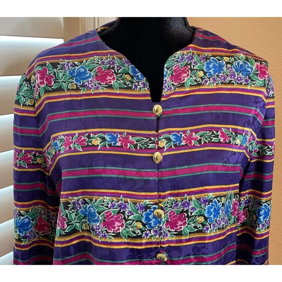 Adrianna Papell 12 Silk Hook & Eye Button Colorful Floral Shirt Granny Boho VTG - Picture 3 of 10